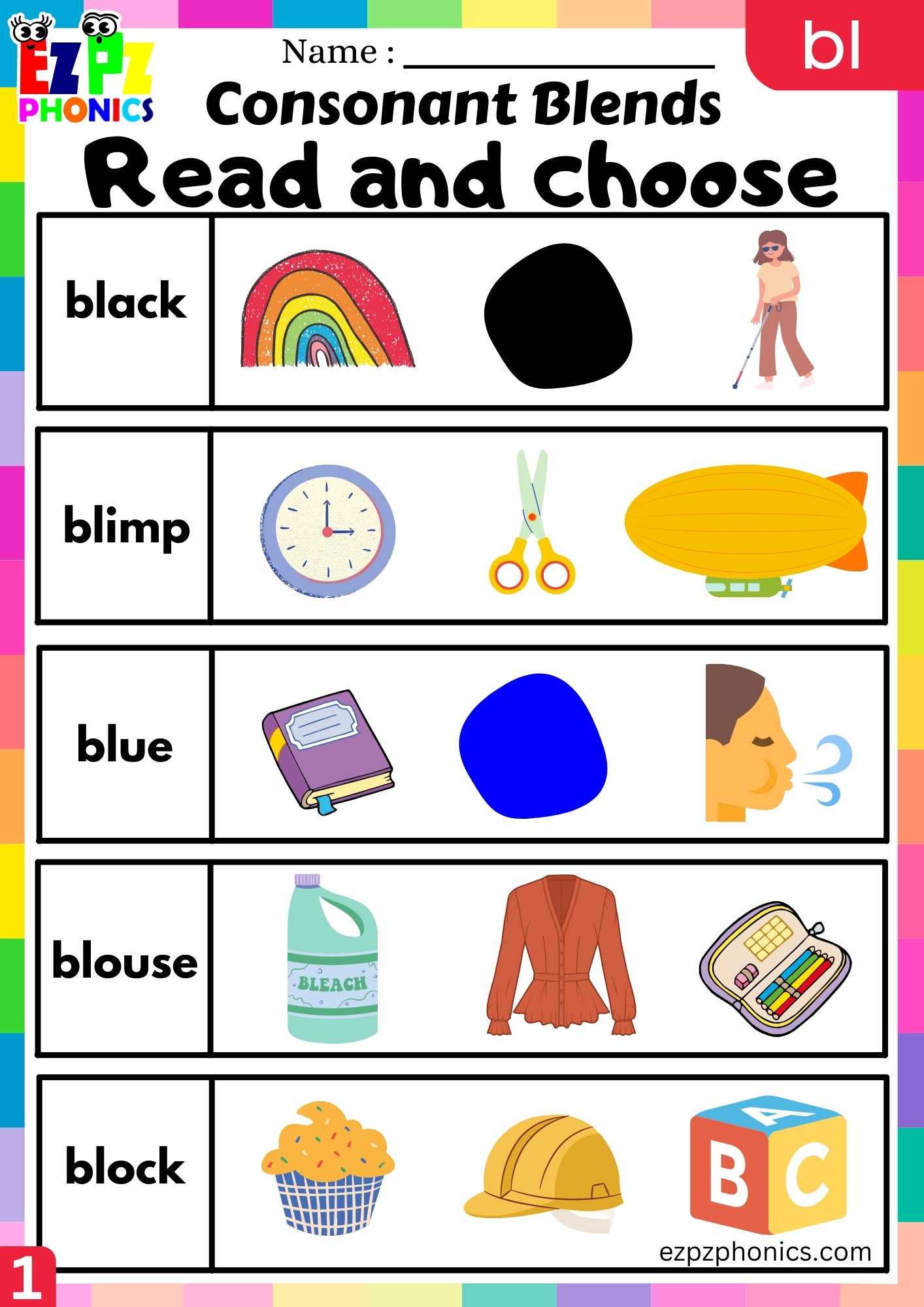 Group1 BL Words Read And Choose Phonics Consonant Blends Worksheet